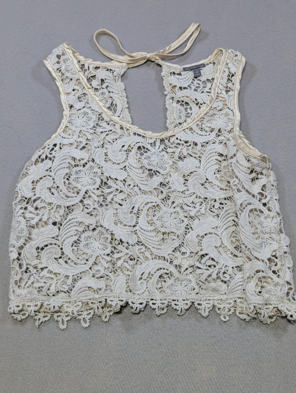 Charlotte Russe Tank Top Small cream Crochet Crop Tie Back Boho Festival Fairy